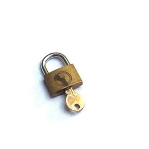 Vintage 1" wide small gold brass metal padlock with key for storage or travel